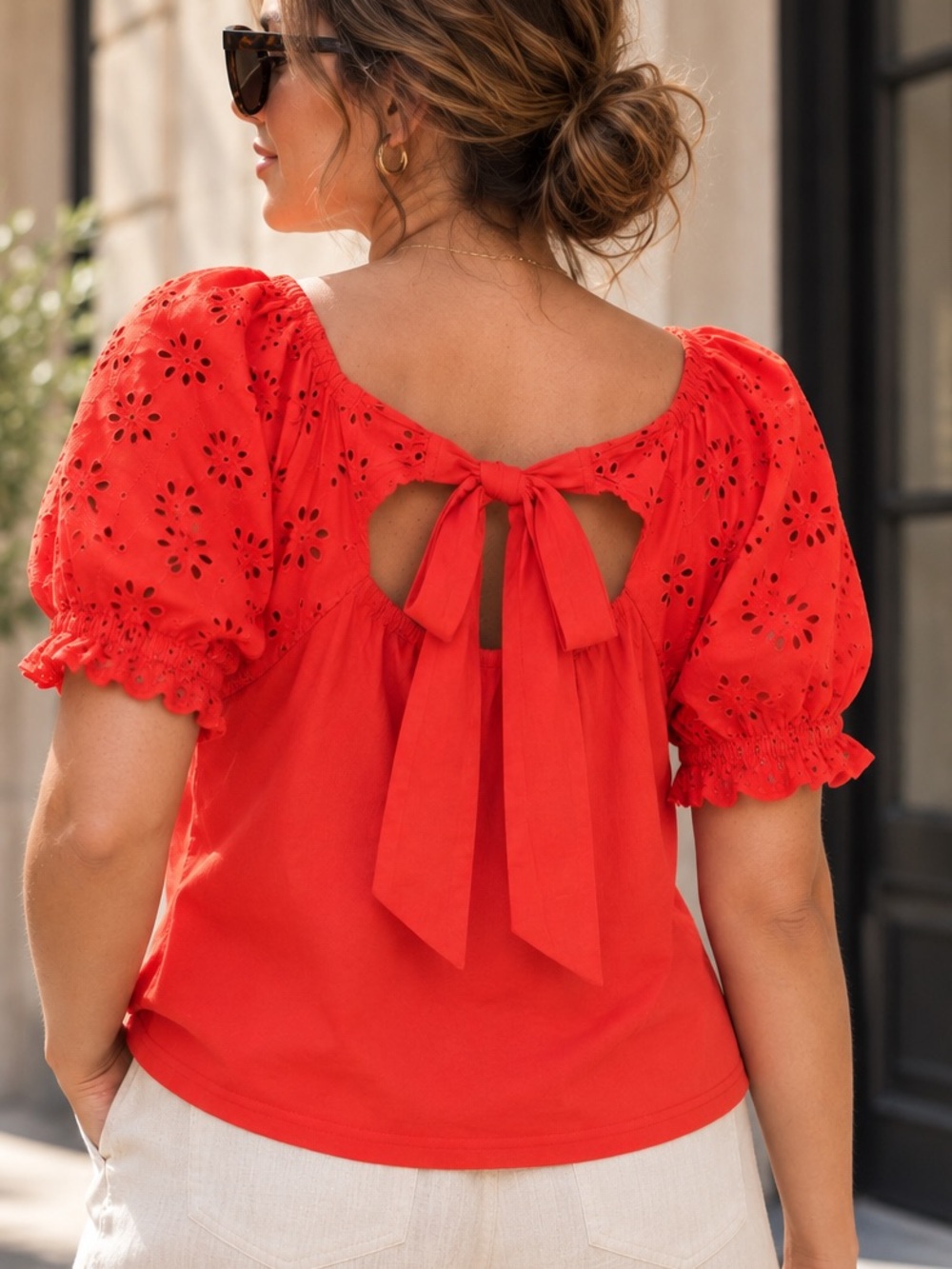 NWT J.Crew Factory Eyelet Tie-Back Top Bohemian Red XL Puff Sleeve